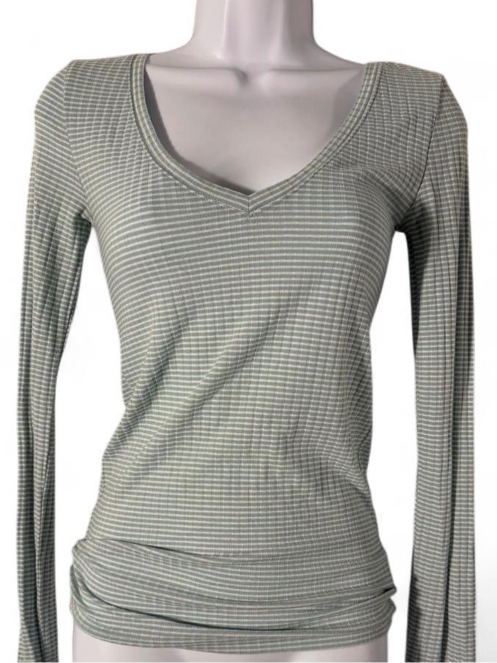 Aeropostale Sage Green Striped V-Neck Long Sleeve Top
